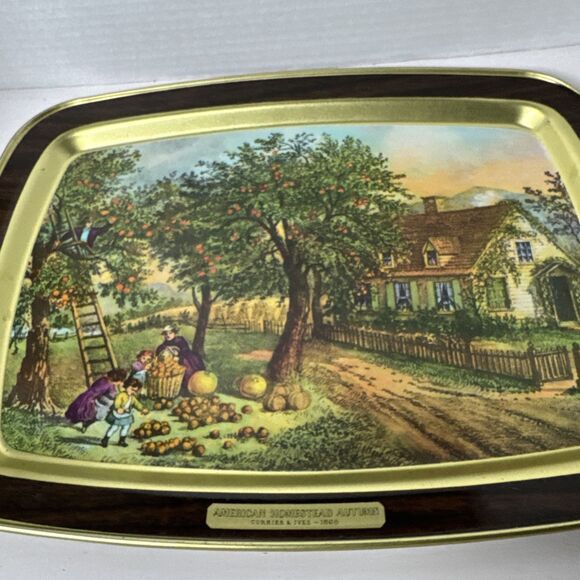 Lot of 2 American Homestead Summer & Autumn Hand Painted Wooden Tin Trays Plates - Picture 13 of 14